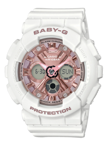 Женские ударопрочные аналогово-цифровые часы CASIO BABY-G BA-130-7A1ER Metal Face White&Rose Gold, LED, wr200m.
