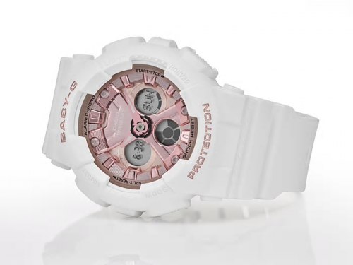 Часы CASIO BABY-G BA-130-7A1ER из матово-белого полиуретана с металлическим циферблатом цвета розового золота.