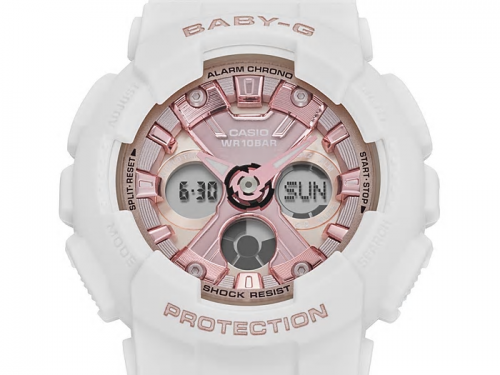 Сияющий rose gold циферблат часов BABY-G BA-130-7A1ER идеально гармонирует с неординарными острыми стрелками.
