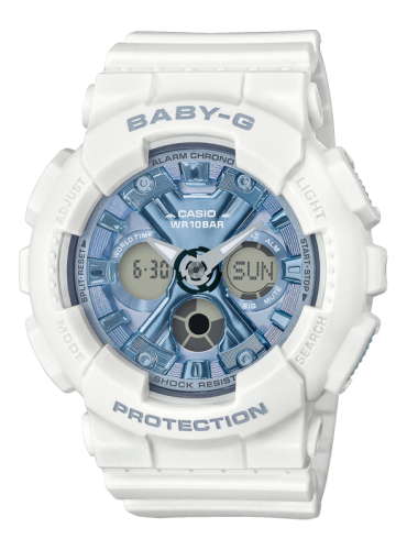 Женские ударопрочные аналогово-цифровые часы CASIO BABY-G BA-130-7A2ER Metal Face бело-синие, LED подсветка, wr200m.