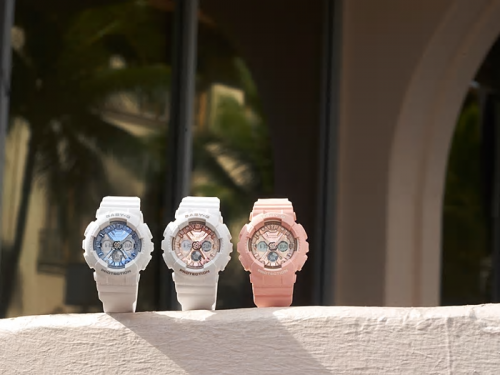 Серия женских часов CASIO BABY-G BA-130 из матового полиуретана с метализированными циферблатами синего и розового цвета.