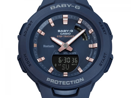 Синий циферблат часов CASIO BABY-G BSA-B100-2AER со стильными позолоченными стрелками и метками цвета rose gold.