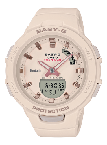 Женские ударопрочные фитнес часы CASIO BABY-G BSA-B100-4A1ER G-SQUAD бежевые Step Tracker, Bluetooth LAP 200 Ana-Digi 100m.