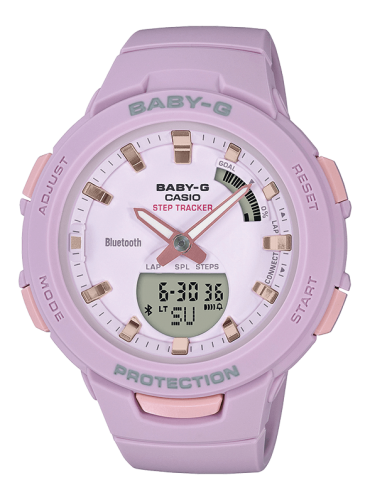 Женские ударопрочные фитнес часы CASIO BABY-G BSA-B100-4A2ER G-SQUAD сиреневые Step Tracker, Bluetooth LAP 200 Ana-Digi 100m.