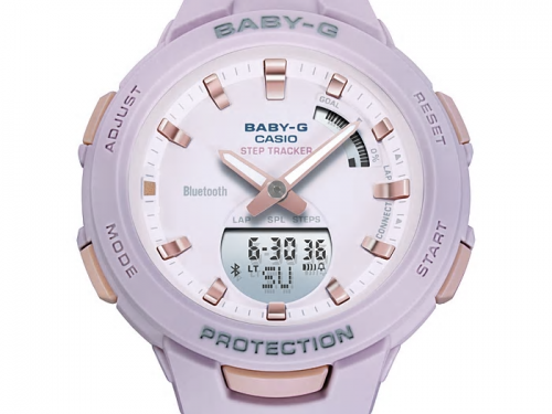 Сиреневый циферблат часов CASIO BABY-G BSA-B100-4A2ER с позолоченными стильными стрелками и метками цвета rose gold.
