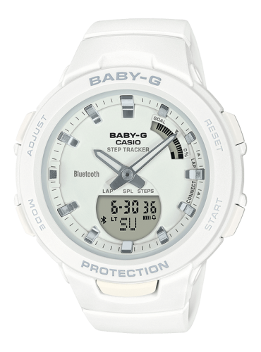 Женские ударопрочные фитнес часы CASIO BABY-G BSA-B100-7AER G-SQUAD белые с шагомером, Bluetooth, lap 200 Ana-Digi 100m.