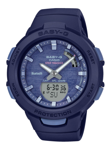 Женские ударопрочные фитнес часы CASIO BABY-G BSA-B100AC-2AER G-SQUAD Nature Colours синие Step Tracker, BLE Ana-Digi 100m.