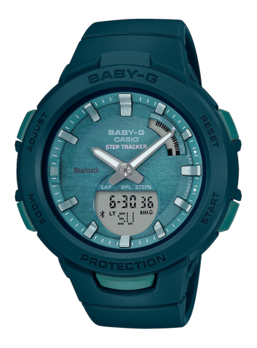 Женские ударопрочные фитнес часы CASIO BABY-G BSA-B100AC-3AER G-SQUAD Nature Colours зеленые, шагомер BLE Ana-Digi 100m.