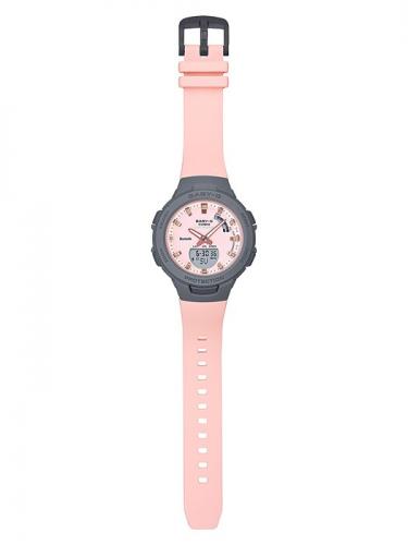 Розовый циферблат часов CASIO BABY-G BSA-B100MC-4AER с позолоченными стильными стрелками и метками цвета rose gold.