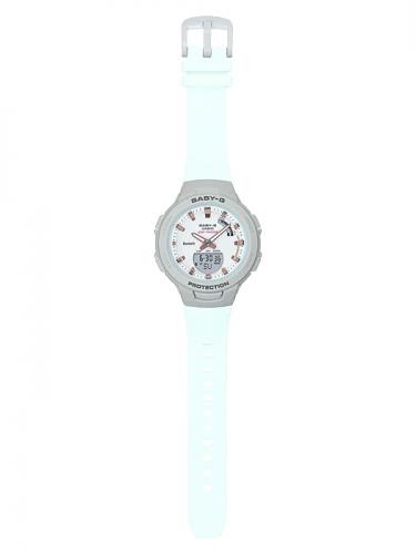 Голубой циферблат часов CASIO BABY-G BSA-B100MC-8AER с позолоченными стильными стрелками и индексами цвета rose gold.
