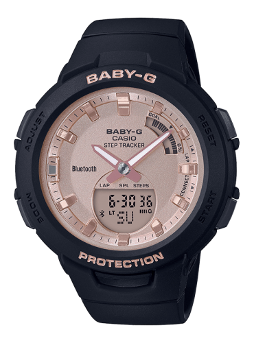 Женские ударопрочные фитнес часы CASIO BABY-G BSA-B100MF-1AER G-SQUAD Black & Rose Gold шагомер, BLE lap 200 Ana-Digi 100m.