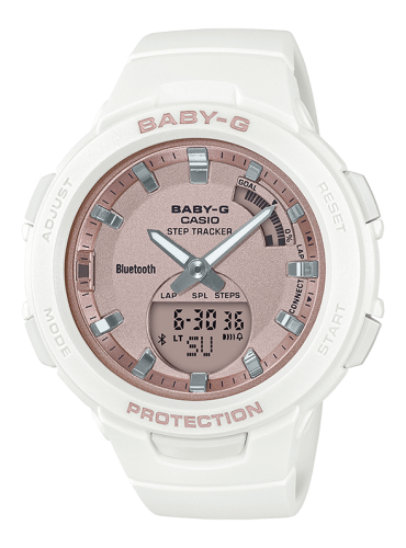 Женские ударопрочные фитнес часы CASIO BABY-G BSA-B100MF-7AER G-SQUAD White & Rose Gold шагомер, BLE lap 200 Ana-Digi 100m.