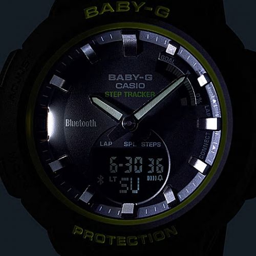 Автоматическая подсветка циферблата часов BABY-G BSA-B100SC-1AER осуществляется с помощью яркого светодиода.