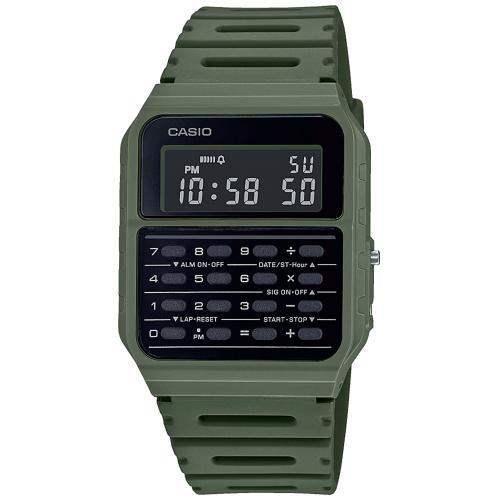 Пластиковые ретро часы с калькулятором CASIO VINTAGE CA-53WF-3BEF зеленые с инверсной индикацией, цифровые, WR.