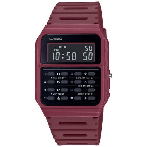 Пластиковые ретро часы с калькулятором CASIO VINTAGE CA-53WF-4BEF красные с инверсной индикацией, цифровые, WR.
