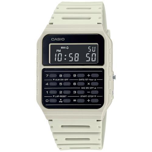 Пластиковые ретро часы с калькулятором CASIO VINTAGE CA-53WF-8BEF белые с инверсной индикацией, цифровые, WR.