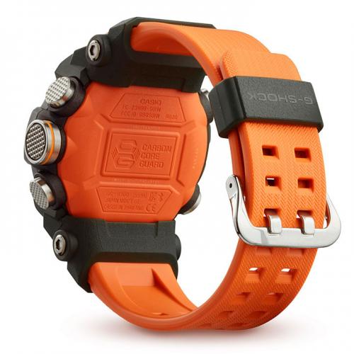 Двойная задняя крышка корпуса часов CASIO G-SHOCK GG-B100-1A9ER изготовлена из металла и углепластикового каучука.