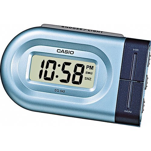 Дорожный электронный будильник CASIO DQ-543-2EF сине-голубой с подсветкой, повтор сигнала, snooze, пластиковый, 96 мм.