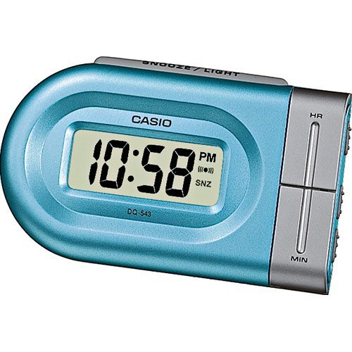 Дорожный электронный будильник CASIO DQ-543-3EF серо-бирюзовый с подсветкой, повтор сигнала, snooze, пластиковый, 96 мм.