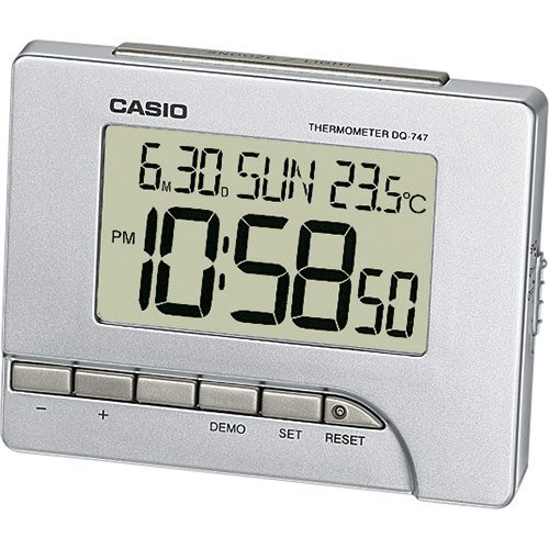 Настольный электронный будильник CASIO DQ-747-8EF серый с термометром, подсветка, календарь, повтор сигнала, пластиковый.
