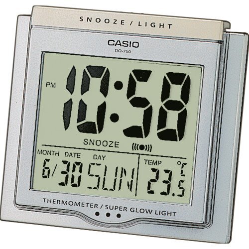 Настольный электронный будильник CASIO DQ-750-8ER серый с термометром, подсветка, календарь, повтор сигнала, пластиковый.