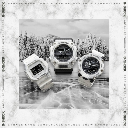 Серия часов G-SHOCK «Grunge Snow Camouflage» представлена: DW-5600GC-7ER, GA-900GC-7AER, GA-2200GC-7AER.