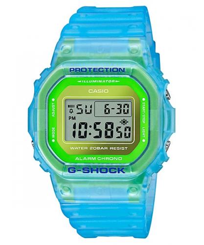 Полупрозрачные ударопрочные часы CASIO G-SHOCK DW-5600LS-2ER Color Skeleton синие, салатовая рамка LCD, digital, wr200m.
