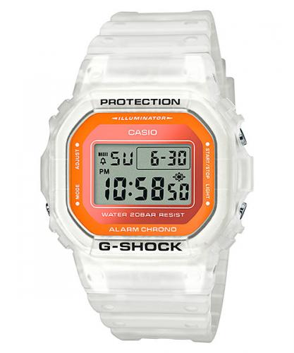 Полупрозрачные ударопрочные часы CASIO G-SHOCK DW-5600LS-7ER Color Skeleton белые, оранжевая рамка LCD, digital, wr200m.