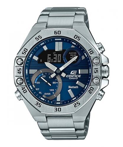 Восьмиугольные аналогово-цифровые Bluetooth часы CASIO EDIFICE ECB-10D-2AEF с крупным синим циферблатом, wr100m.