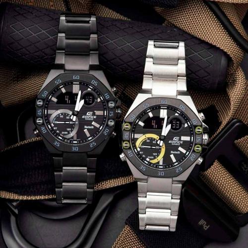 Серия крупных аналогово-цифровых Bluetooth часов CASIO EDIFICE ECB-10 представлена: ECB-10DC-1AEF и ECB-10DB-1AEF.