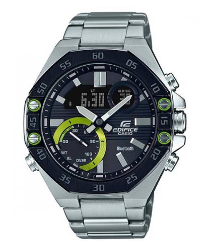 Крупные восьмиугольные Bluetooth часы CASIO EDIFICE ECB-10DB-1AEF с черно-зеленым циферблатом на браслете, Ana-Digi, wr100m.