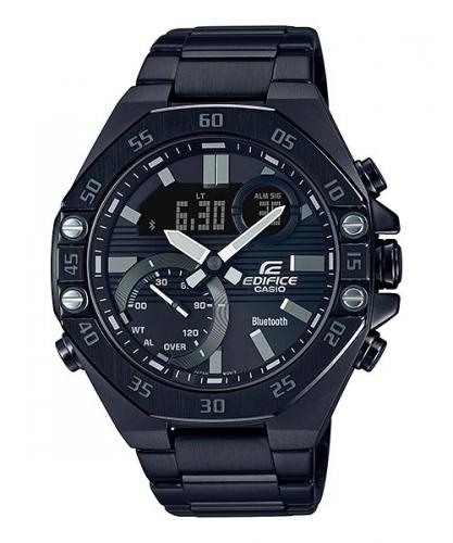 Спортивный Bluetooth хронограф CASIO EDIFICE ECB-10DC-1AEF Octagon черные IP black на стальном браслете, Ana-Digi wr100m.