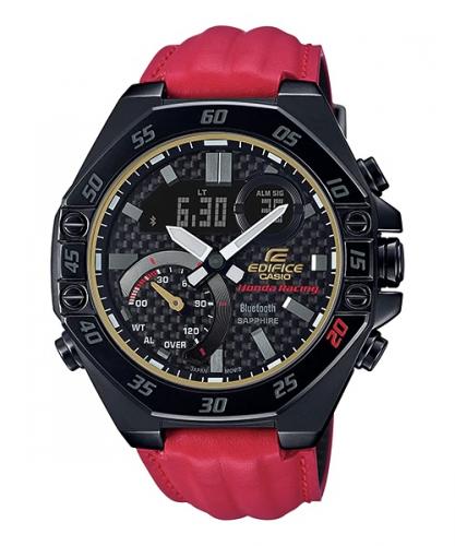 Лимитированные Bluetooth часы CASIO EDIFICE ECB-10HR-1ER «Honda Racing» Black на красном ремне, циферблат карбон, сапфир.