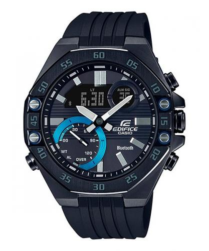 Восьмиугольный Bluetooth хронограф CASIO EDIFICE ECB-10PB-1AEF Black&Blue на ремне с рельефным тиснением, Ana-Digi, wr100m.