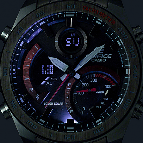 Подсветка циферблата часов CASIO EDIFICE ECB-900DB-1AER осуществляется с помощью мощного светодиода Super Illuminator.