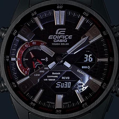 Тонкий спортивный хронограф CASIO EDIFICE ECB-S100D-1AEF оборудован двойной светодиодной подсветкой Super Illuminator.