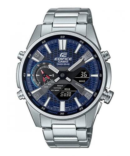 Тонкие Bluetooth BLE часы CASIO EDIFICE ECB-S100D-2AEF с синим циферблатом «сеткой», сапфировое стекло, Solar, Combi, WR100M.