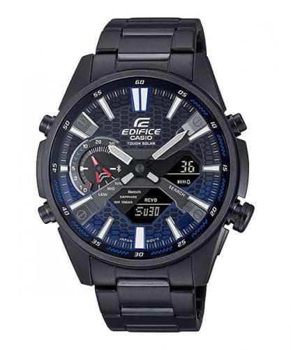 Черные Bluetooth BLE часы slim CASIO EDIFICE ECB-S100DC-2AEF Black&Blue Grille Dial, сапфировое стекло, Solar, Ana-Digi, wr100m.