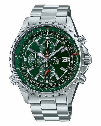 Часы с хронографом CASIO EDIFICE EF-527D-3AVUEF с логарифмической линейкой на зеленом циферблате, браслет из стали 100m.