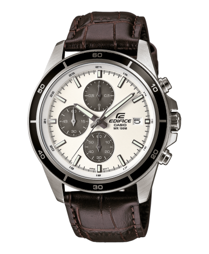 Мужской аналоговый хронограф CASIO EDIFICE EFR-526L-7AVUEF белый циферблат, на коричневом кожаном ремешке, wr100m.