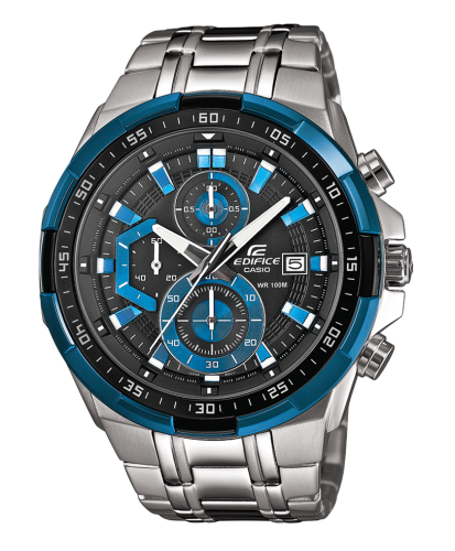 Крупный мужской спортивный хронограф CASIO EDIFICE EFR-539D-1A2VUEF с черно-синим циферблатом на браслете, wr100m.