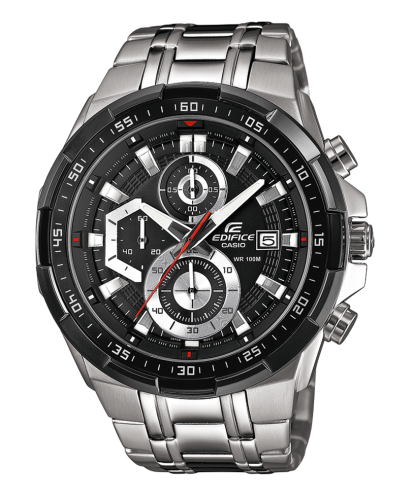 Крупный мужской спортивный хронограф CASIO EDIFICE EFR-539D-1AVUEF с черным циферблатом на стальном браслете, wr100m.