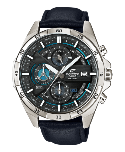 Спортивные мужские часы с хронографом CASIO EDIFICE EFR-556L-1AVUEF с черным циферблатом на кожаном ремешке, wr100m.