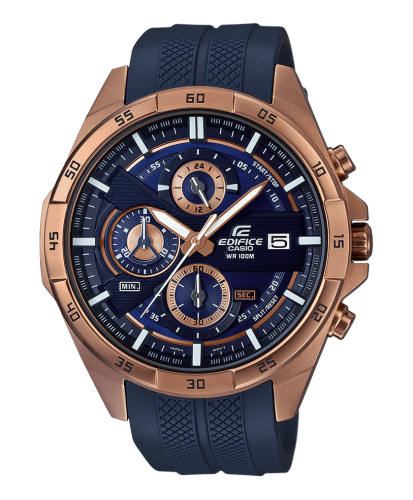 Спортивные мужские часы с хронографом CASIO EDIFICE EFR-556PC-2AVUEF синие с rose gold IP на полимерном ремне, wr100m.