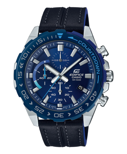 Крупный спортивный аналоговый хронограф CASIO EDIFICE EFR-566BL-2AVUEF синий на кожаном ремне, вращающийся безель, 100m.