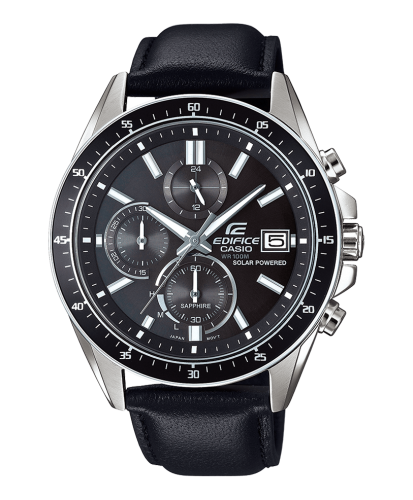 Мужской аналоговый хронограф CASIO EDIFICE EFS-S510L-1AVUEF черный, кожаный ремешок, сапфировое стекло, Solar, 100m.