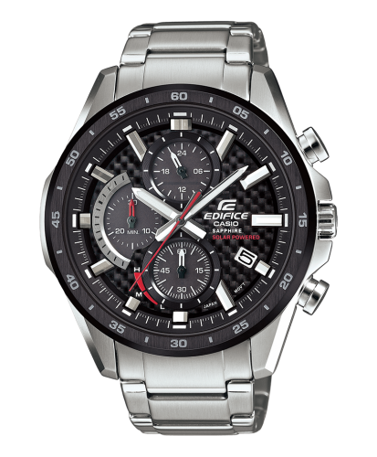 Крупный аналоговый хронограф CASIO EDIFICE EFS-S540DB-1AUEF черный, стальной браслет, сапфировое стекло, Solar, 100m.
