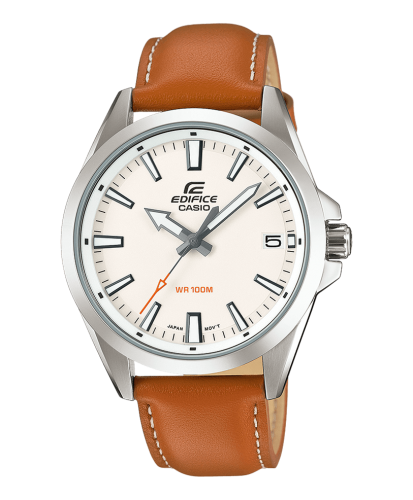 Классические аналоговые мужские часы CASIO EDIFICE EFV-100L-7AVUEF коричневый кожаный ремешок, белый циферблат, 100m.