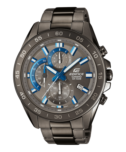 Крупный спортивный аналоговый хронограф CASIO EDIFICE EFV-550GY-8AVUEF серо-синий с IP grey на стальном браслете, 10 bar.