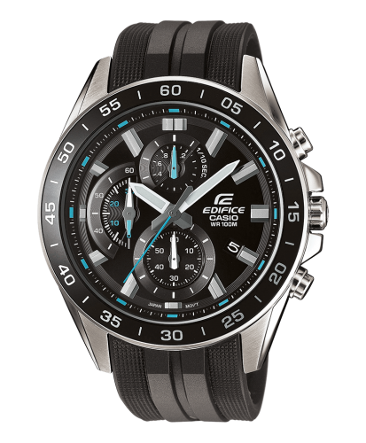 Крупный спортивный аналоговый хронограф CASIO EDIFICE EFV-550P-1AVUEF с черным циферблатом на полимерном ремне, 10 bar.